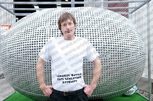 The Completed bottle cap sculpture of a Rugby Ball - image by Liz March