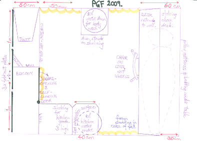 Layout of the interior of the suspended cubicle which formed my home